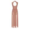Womens Shiny Rhinestone Lyrical Dance Dress Mock Neck Sleeveless Open Back Twist Front Sheer Mesh Overlay Leotard