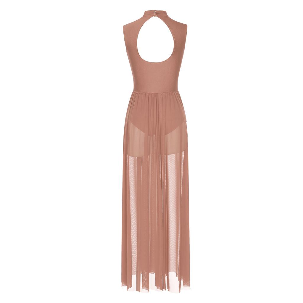 Womens Shiny Rhinestone Lyrical Dance Dress Mock Neck Sleeveless Open Back Twist Front Sheer Mesh Overlay Leotard