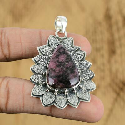 Natural Rhodonite Gemstone Pendant Handmade 925 Sterling Silver Indian Jewelry
