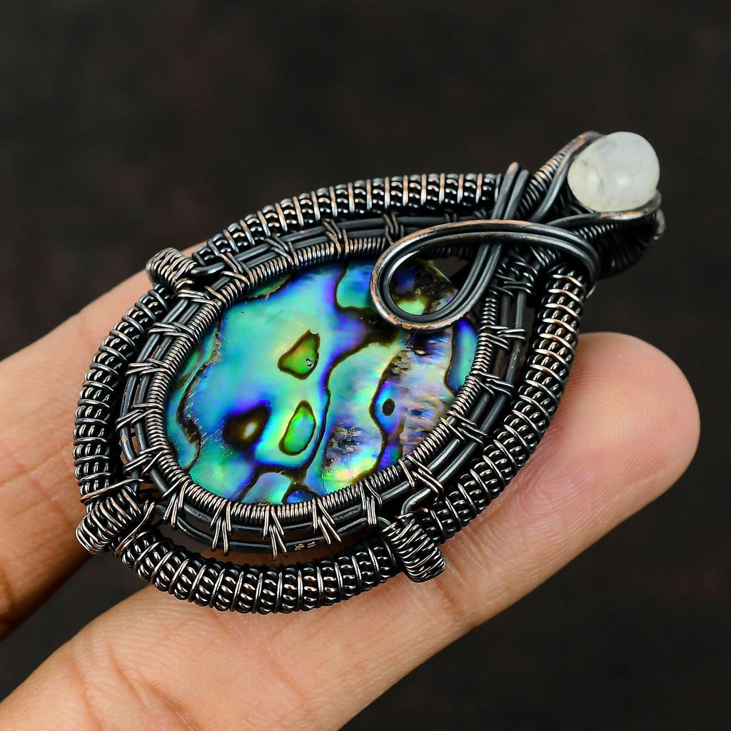 Abalone Shell Pendant Copper Wire Wrapped Pendant Gemstone Jewelry Handmade Pendant Gifts For Her Copper Jewelry Rainbow Moonstone Pendant