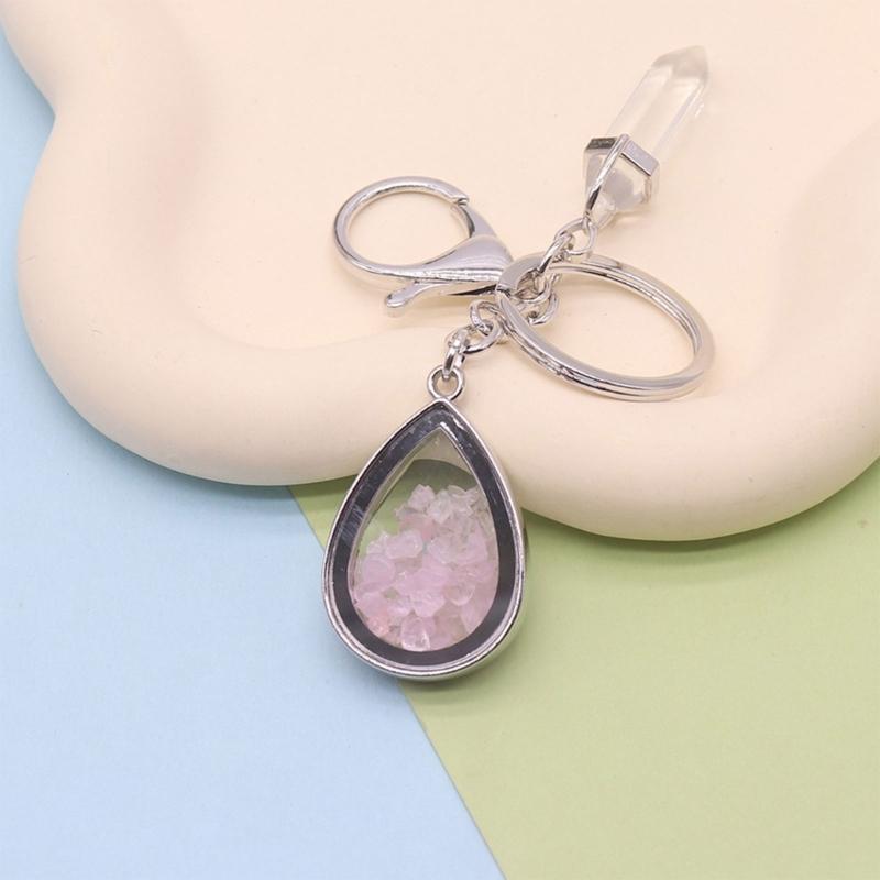 Natural Stone Crystals Teardrop Shape Photo Locket Keychain Featuring Diamonds Cut Designs for Sentimental Gifts