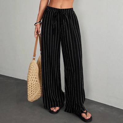 Damen gestreifte Weitbein-Hose Damen Nadelstreifen Kordelzug Elastischer Bund Hose Damen Freizeithose