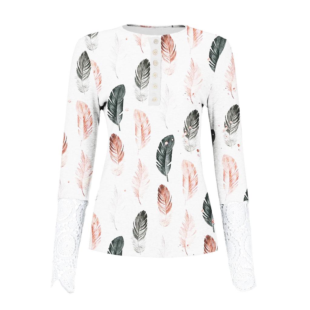 Womens Fashion Lace Long Sleeve Hole Strip Slim Round Neck Button Print Pullover Women's T-Shirt