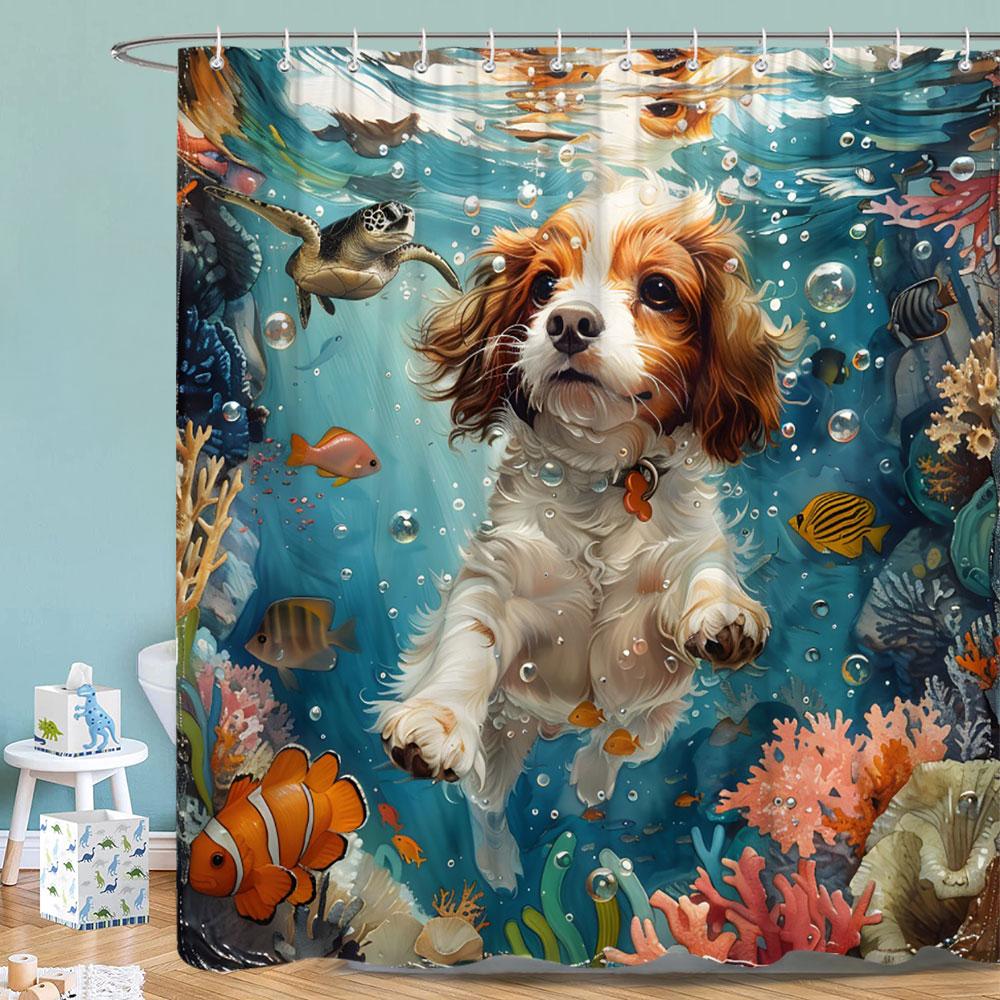 

Funny Cat Riding On Turtle S Back Shower Curtain Underwater Coral Seaweed Polyester Cloth Bath Curtains Kids Room Bathroom Decor W60H190(CM)-1 Pcs