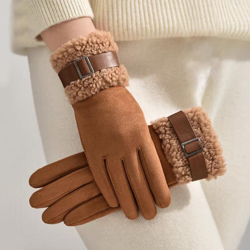 Fashion Suede Women Fleece Gloves Thick Warm Touch Screen Cycling Mittens Windproof Cold Protection Outdoor Ski Gloves