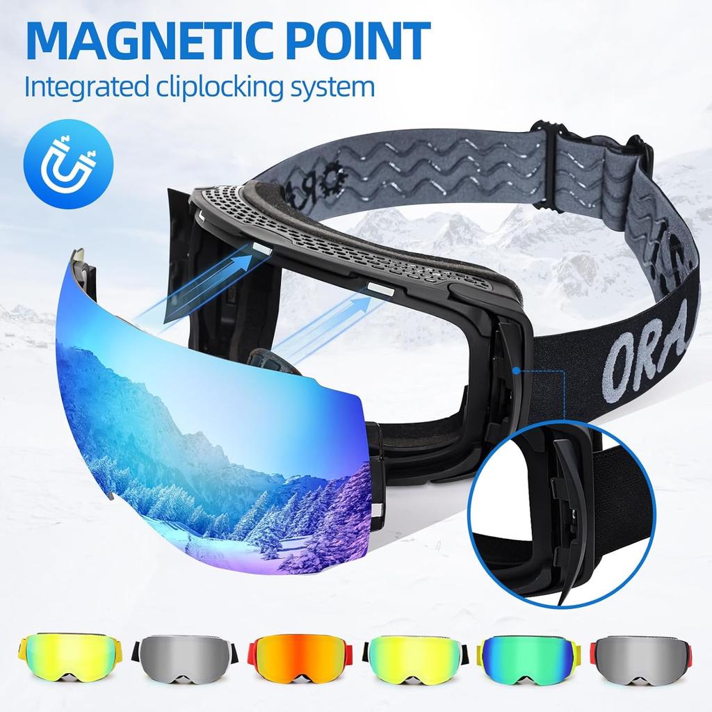 Ski Goggles Men Women OTG Anti-Fog/Scratch 100% UV-Magnetic Lens-Snowboard Snow Goggles for Men & Women