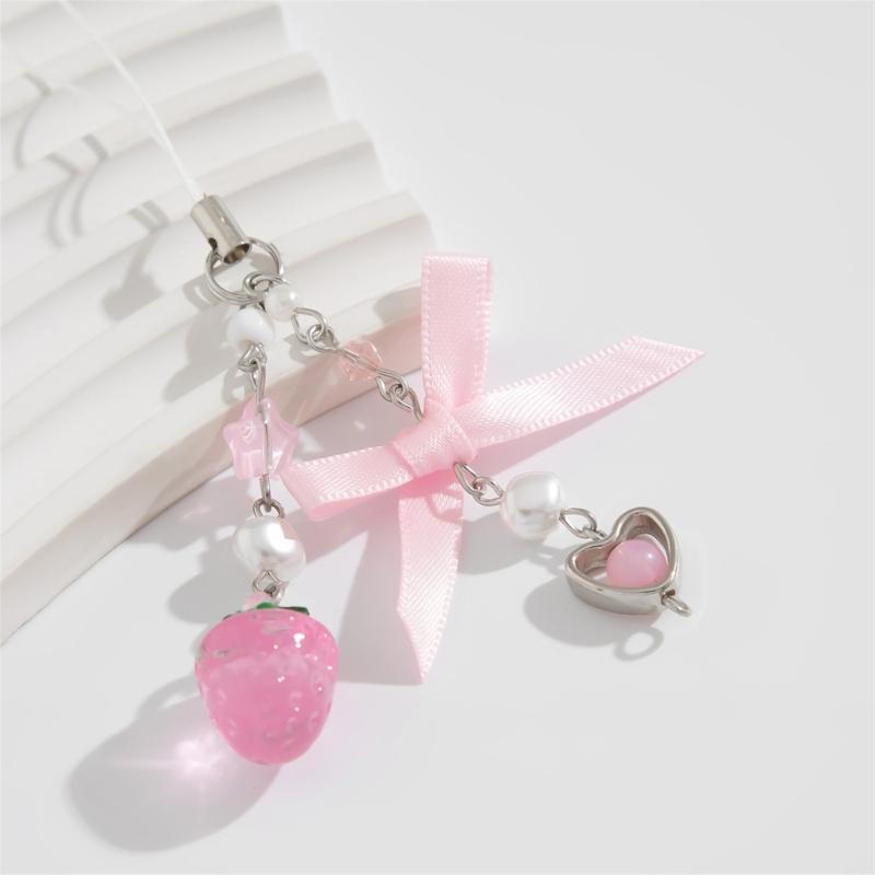Lovely Strawberry Bowknot Phone Strap Charm Pendant with Star Accents Sturdy Handbag Adornment Craft Supplies for Girls