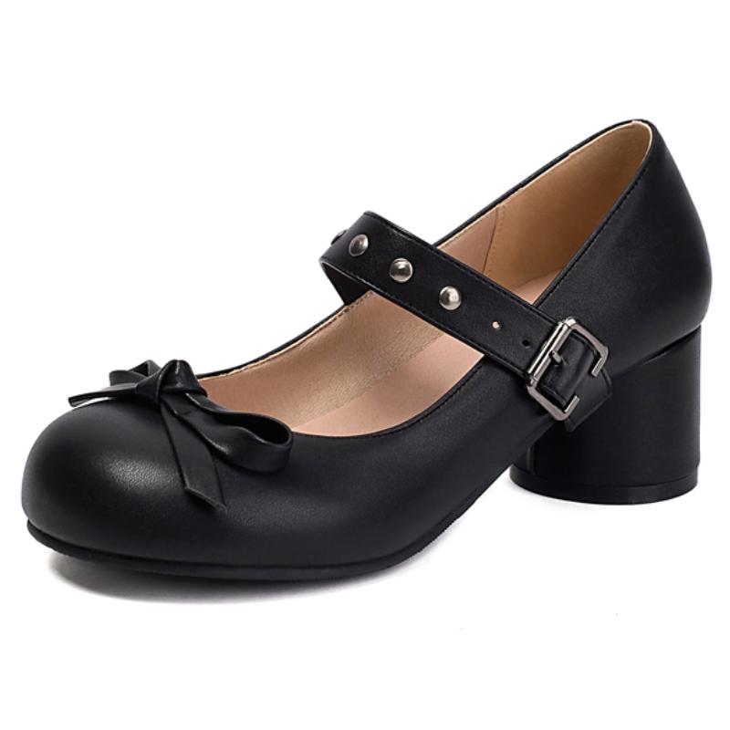 Women's Round Heels Mary Janes Shoes 2025 Fashion Black White Medium Heeled Office Dance Wedding Shoes for Girls Big Size 45 48