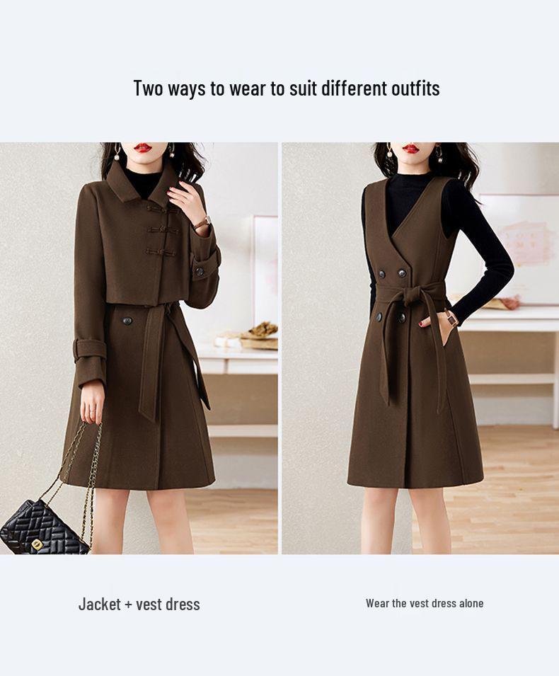 Women's Gray Wool Suit: 2025 Autumn/Winter High-End Fashion Coat Dress Set