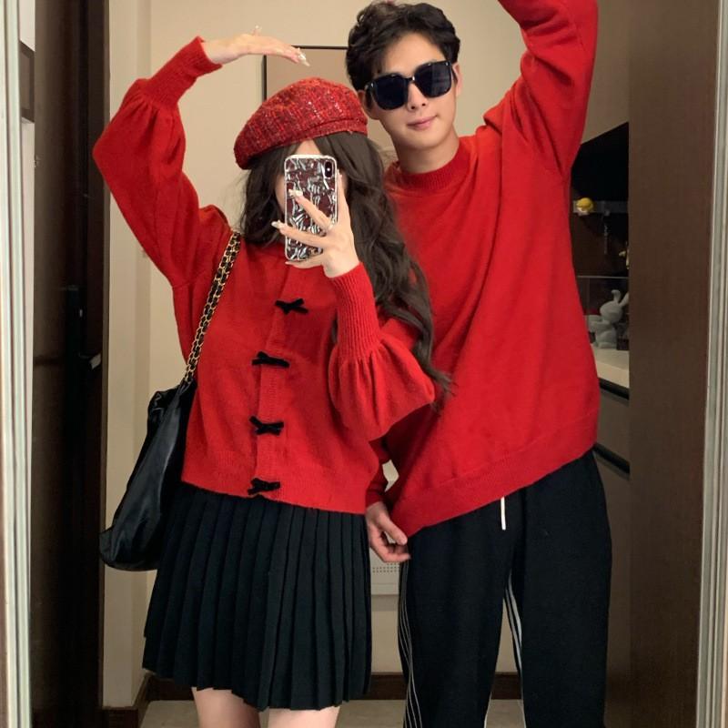 Couple Red Bow Knit Cardigan Sweater Coat Holiday Casual Long Sleeve Outwear