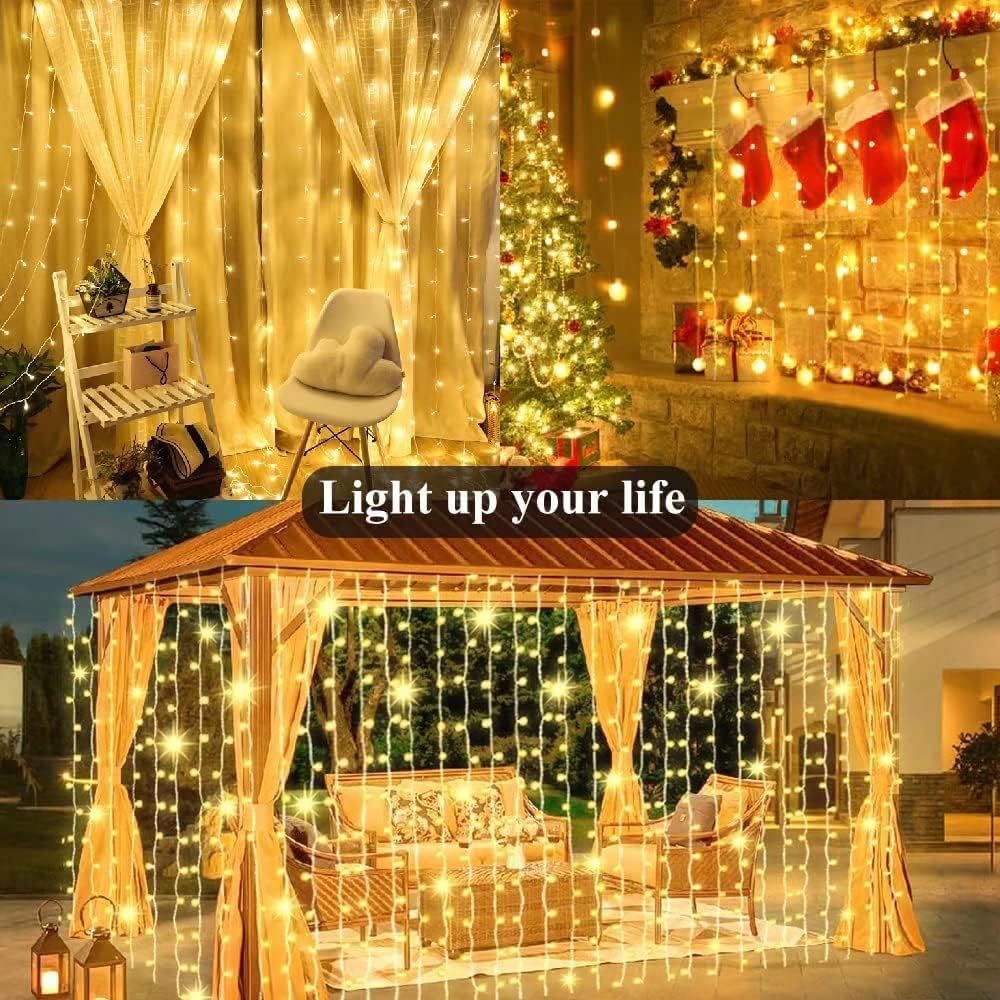 2 Pack Upgraded Solar Curtain Lights Remote Control, Outdoor Garden Lights 300 LED 8 Modes Waterproof Solar Waterfall Fairy String Lights Decoration