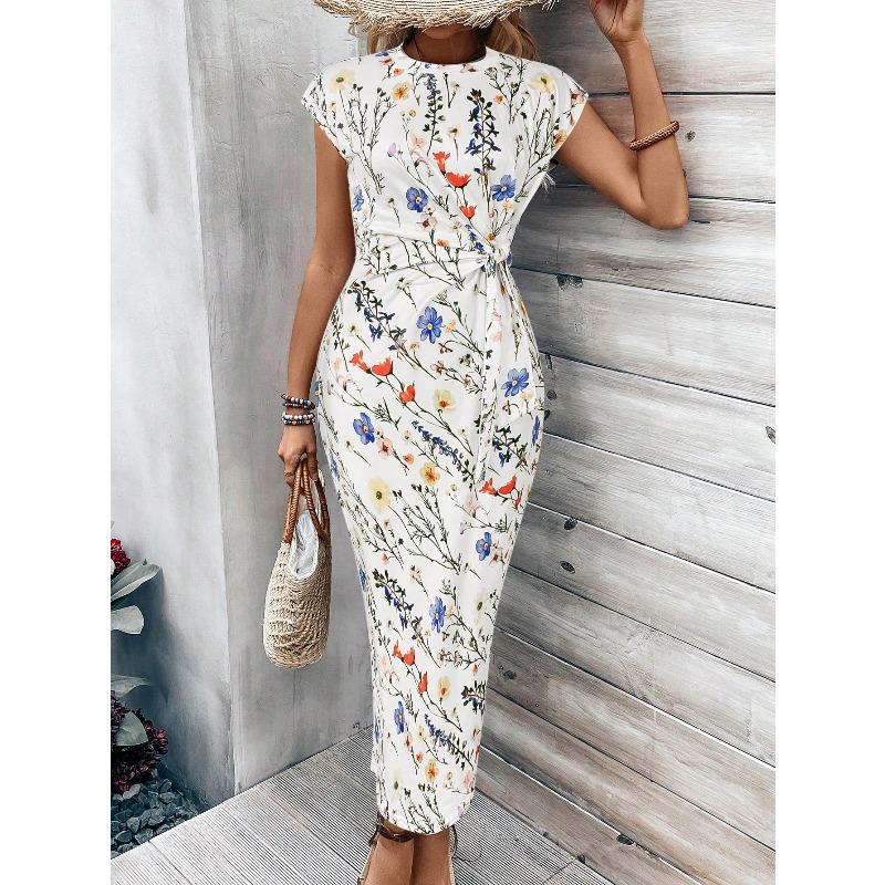 Temperament eleganter Taillenriemen gestreifter Rundhalsausschnitt Kurzarm langes Kleid Sommer Damen High-End Damenbekleidung Rock