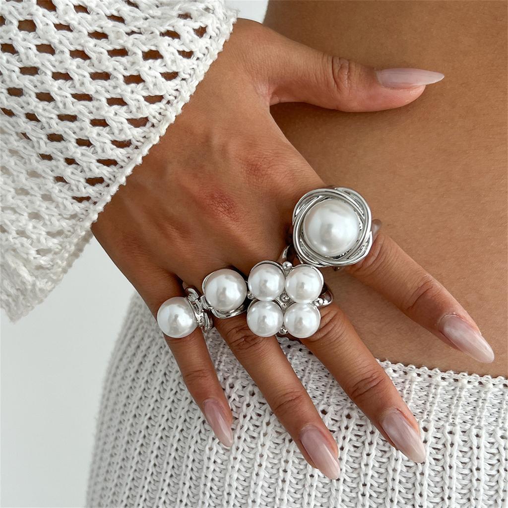 Chunky Gold Rings Set for Women Gold/Silver Baroque Pearl Rings Open Adjustable Pearl Ring Stacking  Rings Set Boho Prom Costume Jewelry