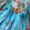 Böhmisches Vintage-Maxikleid für den Sommer, für Damen, O-Ausschnitt, Blumendruck, ausgestellte Ärmel, Chiffon, hohe Taille, lange Kleider