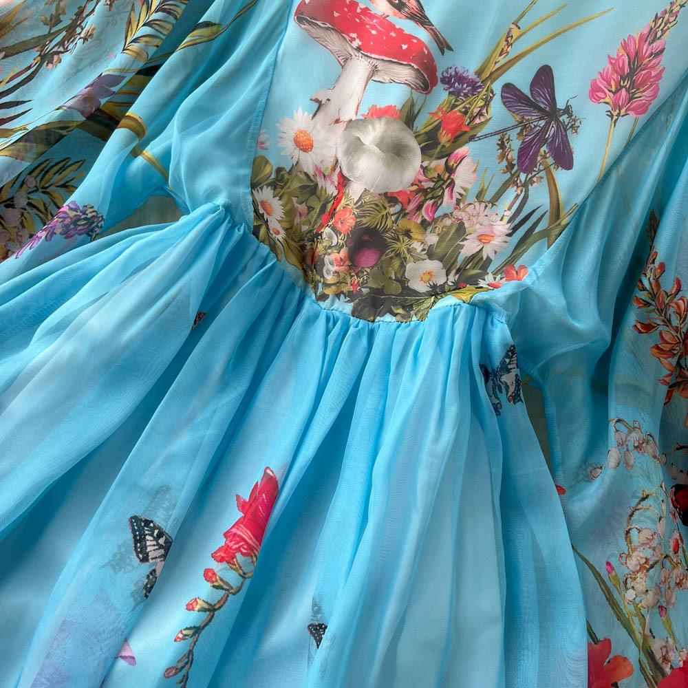 Böhmisches Vintage-Maxikleid für den Sommer, für Damen, O-Ausschnitt, Blumendruck, ausgestellte Ärmel, Chiffon, hohe Taille, lange Kleider