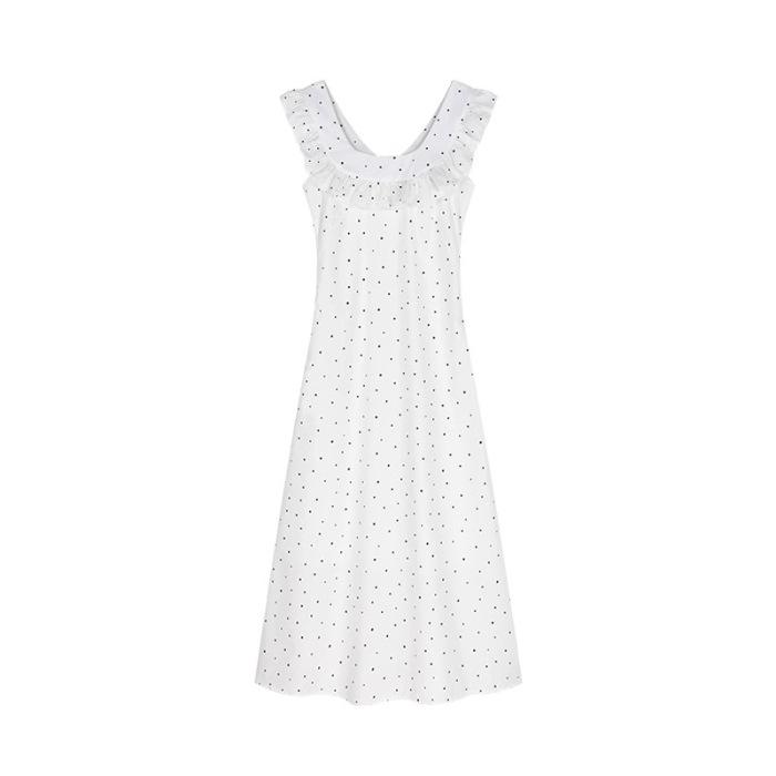 French white polka dot small flying sleeve vest dress women s summer ruffle edge waist skirt temperament vacation dress S