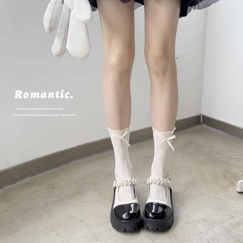 

Женские весенне-летние тонкие деревянные кружевные носки-трубы, дышащие, нежные, конфетных цветов, с полым бантом 1 pair бежевый