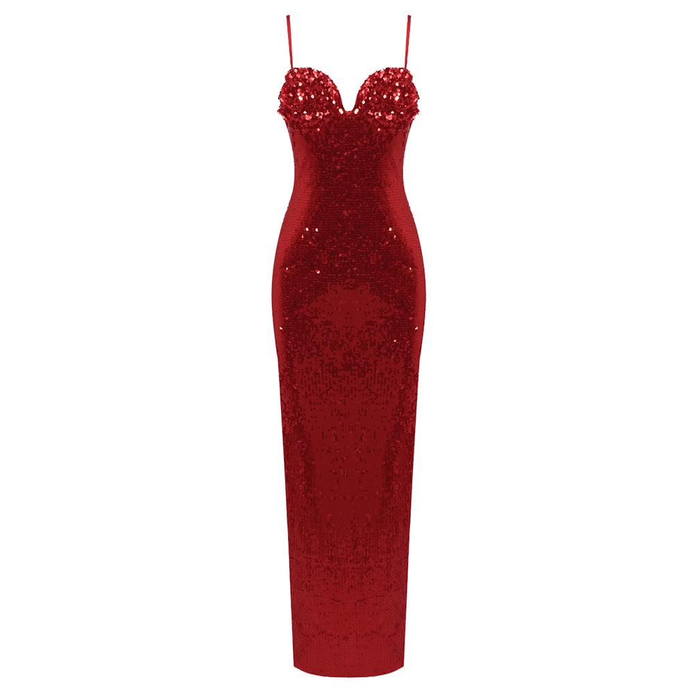 

2025 Red Sequin Collar Bodycon Dress for Weddings, Banquets, and Birthdays Medium красный