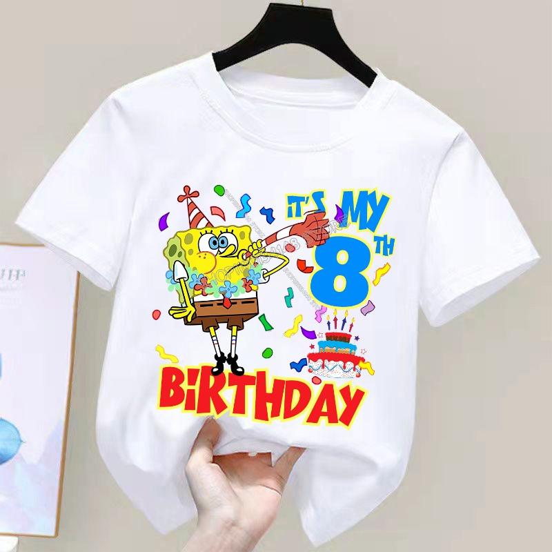 Spongebob New Birthday Figure T-shirt for Children Kawaii Cartoon White Tee Top Kawaii Short Sleeve Boys Girls Short Sleeve Gift