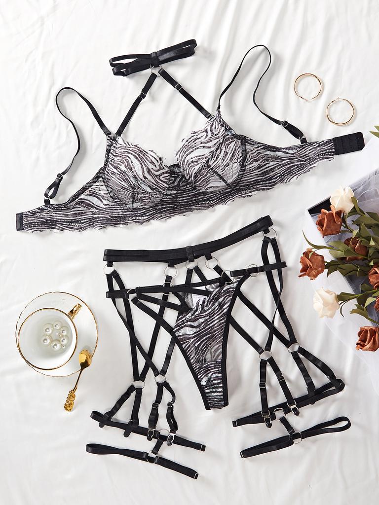 2024 Newest Zebra-Print Mesh Lingerie Set Women Sexy Hollowed-Out Neck Comfortable Lingerie 4Pcs Women Sex Underwear Suit