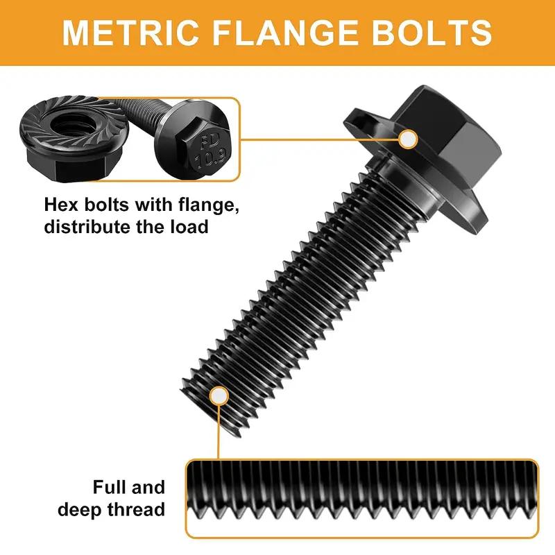 252pcs M6-1.0 M8-1.25 Flange Hex Head Bolt Nut Washer Kit 10.9 Grade Alloy Steel Black Zinc Plated