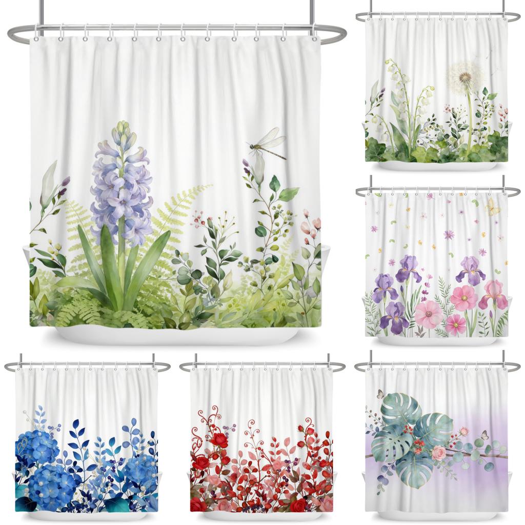 Tenda Doccia Minimalista Impermeabile Tenda da Bagno Per Decorazioni Bagno Design Floreale Foglia Acquerello Poliestere Con Ganci