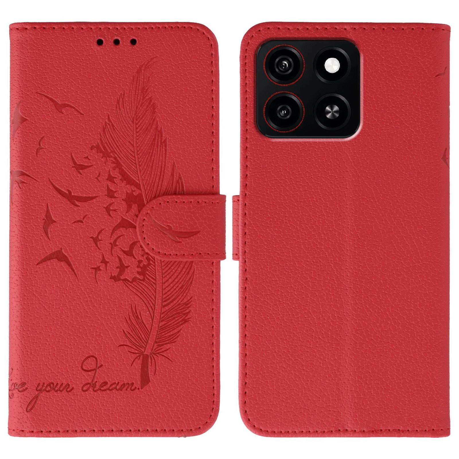 

For ZTE Blade A35 Case Feather Imprint PU Leather Wallet Phone Cover Red