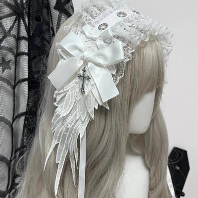 Steampunk Y2K Kanatlı Başlık Fiyonklu Saç Bandı Lolita Gotik Karanlık Melek Başlık ve Saç Aksesuarları