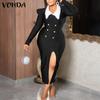 VONDA Women Vintage Lapel Long Sleeve Tight Waist Hip Dresses