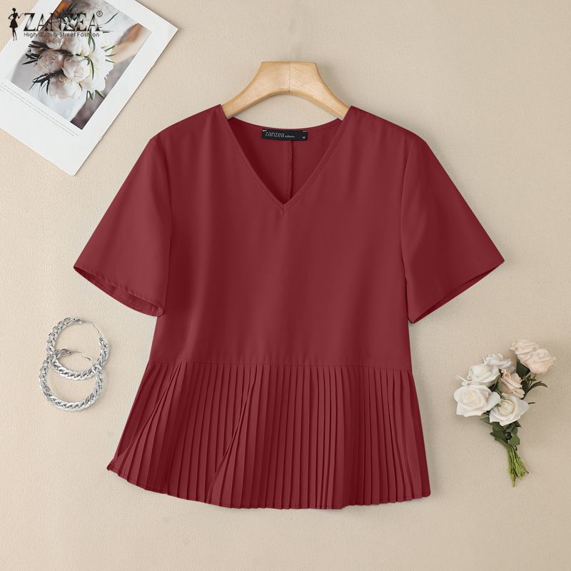 ZANZEA Women Casual V-Neck Solid Color Loose Short Sleeve Blouse