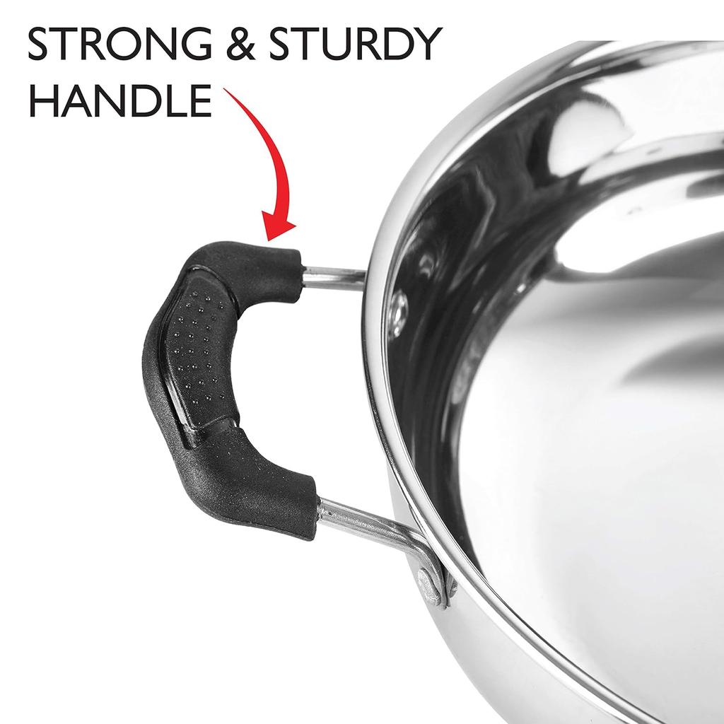 Cello Stainless Steel Induction Kadhai For Gas & Smooth Cooking | 3L Mirror Finish Deep Pan With Dual Handles