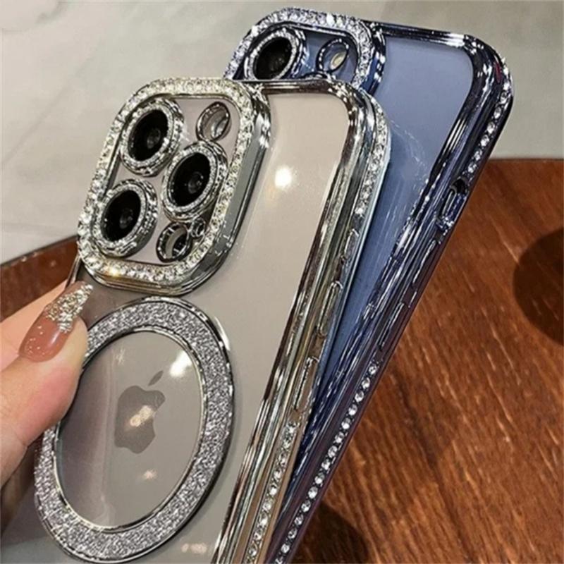 For iPhone 16E Pro Max Luxury Magsafe Magnetic Plating Flash Diamond Phone Case For iPhone 11 12 13 14 15 Plus Rhinestone Cover
