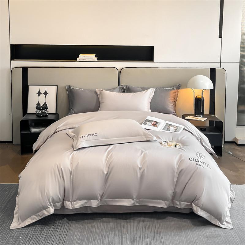 Embroidery Pure Cotton Four-piece Quilt Cover Solid Color Bed Sheet Light Luxury Style Bedding