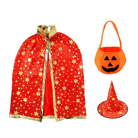Child Witch Costume Unique Anime Cosplay Cape Hat Set Sparkling Pentagram Design with Pumpkin Bag Halloween Party Supplies
