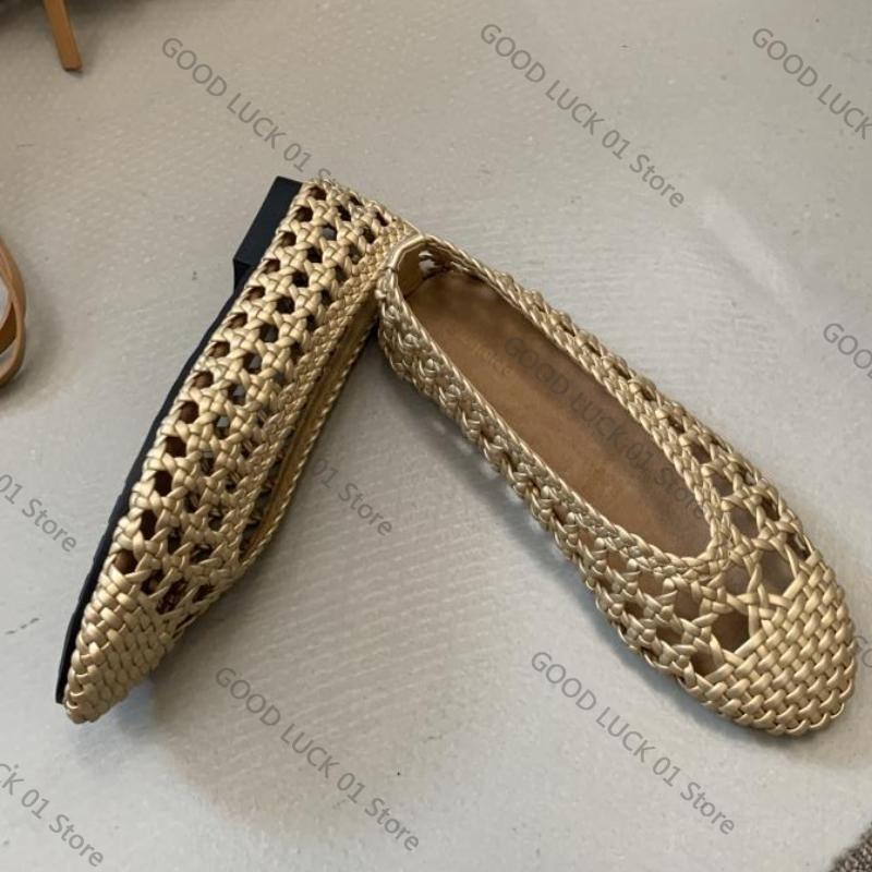 Fashion Vintage Woven Hollow Flat Sandals for Women Summer Round Toe Shallow Brand Designer Shoes Comfort Soft Beach Casual Shoe Loafers