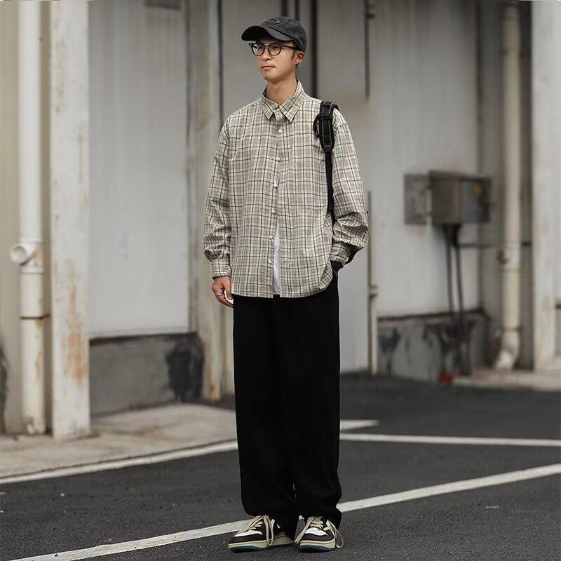 2024 Rutete Langermet Skjorte Japansk Hong Kong-stil Ins Løs Skjorte Gutter Sommer Trendy Allsidig Casual Jakke
