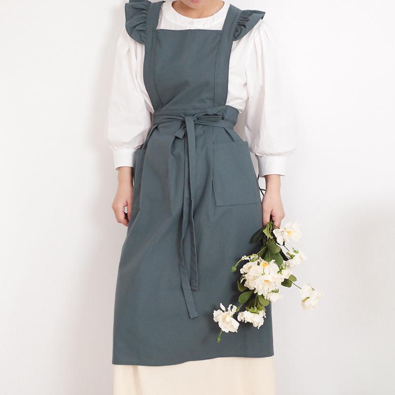 Ruffled Shoulder Strap Apron - Breathable Cotton Linen, Water Repellent for Household Chores & Baking