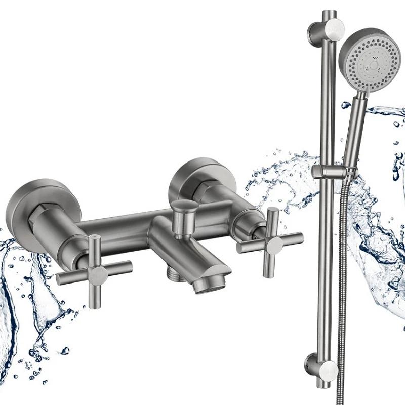Bathroom Shower Faucet Stainless Steel Triple Bathtub Faucet Double Cross Handle Dual Control Hot Cold Mixer Valve Nozzle Tap