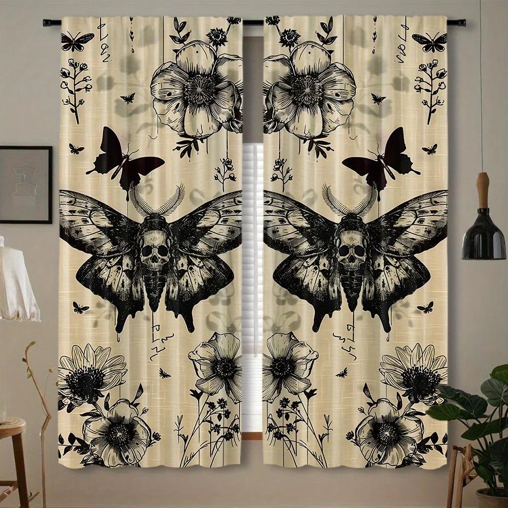 Black Skull Moth Butterfly Flower Plant Print Drapes Room Darkening Window Curtains for Home Decor,Rod Pocket Blackout Curtains