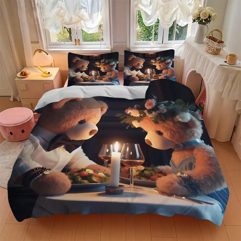 3-teiliges Anime-Teddybär-Bettwäscheset - Enthält einen Bettbezug und zwei Kissenbezüge (Kein Kern) - Perfekt für Schlafzimmer- und Gästezimmerdekoration,