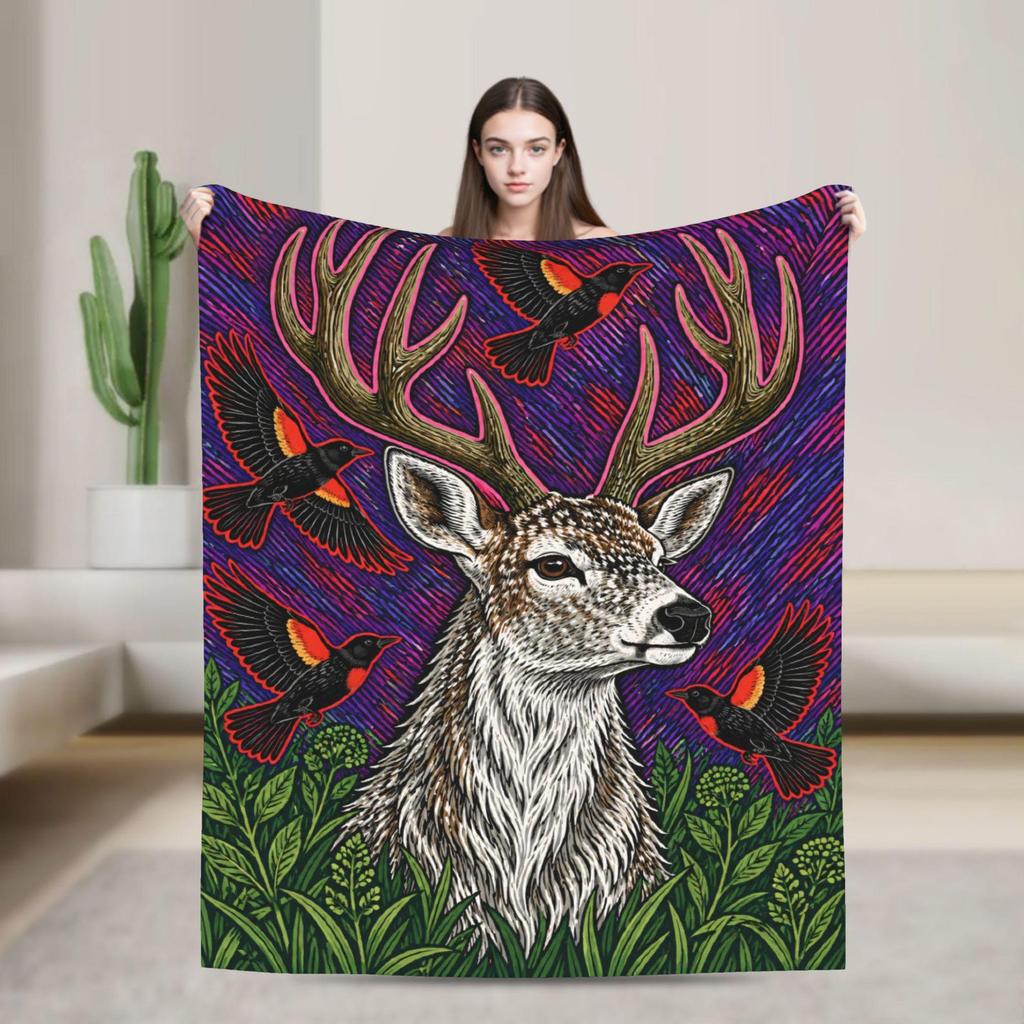 Linocut Deer Stag Fleece Blanket, Forest Wildlife Art Throw (300g Flannel)