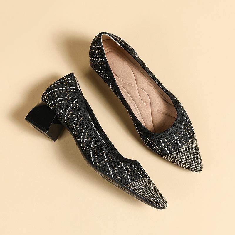 Work Pumps for Women Chunky Block Heels Pointed Toe Knit Comfortable Slip On Walking Shoes Women's Casual Dressy Shoes Party Office Low Heeled Shoes