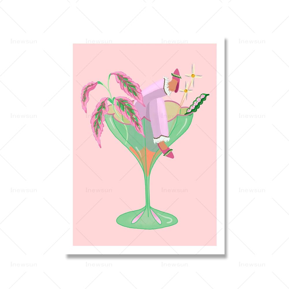 Farbenfroher botanischer Cocktail-Kunstdruck, Margarita-Cocktail-Mädchen, Poster, Zitronenbeine, Getränke, Leinwandgemälde, Küche, Club, Wanddekoration