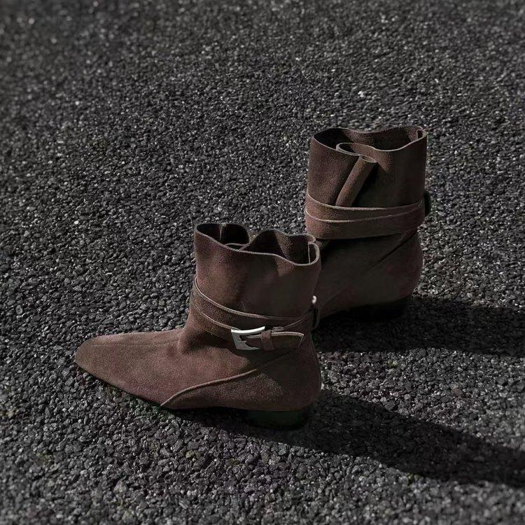 [Cowhide] Cowhide/3.5cm retro sleeve two-wear square head short boots women's belt buckle thick heel bundle fashion boots