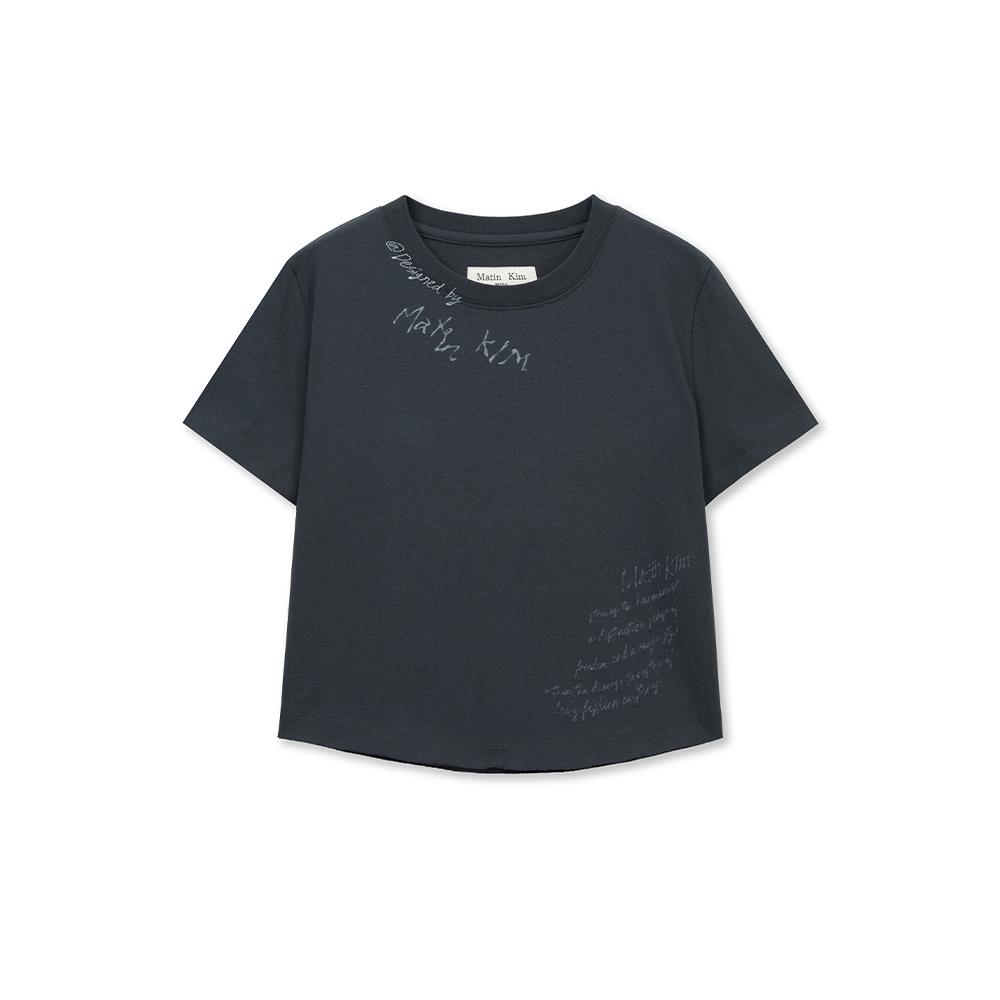 [Matinkim] Graffiti Round Hem Crop Top in Navy S