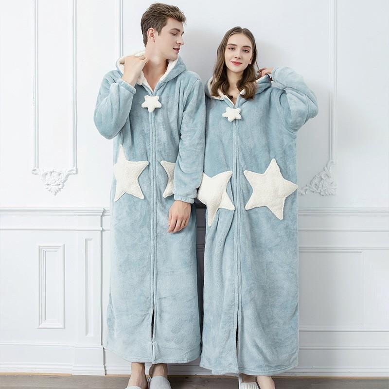 Couple Star Nightgowns New In Autumn Winter Korean Version Loungewear Coral Velvet Thickened Nightwear Men's Long Sleepwear