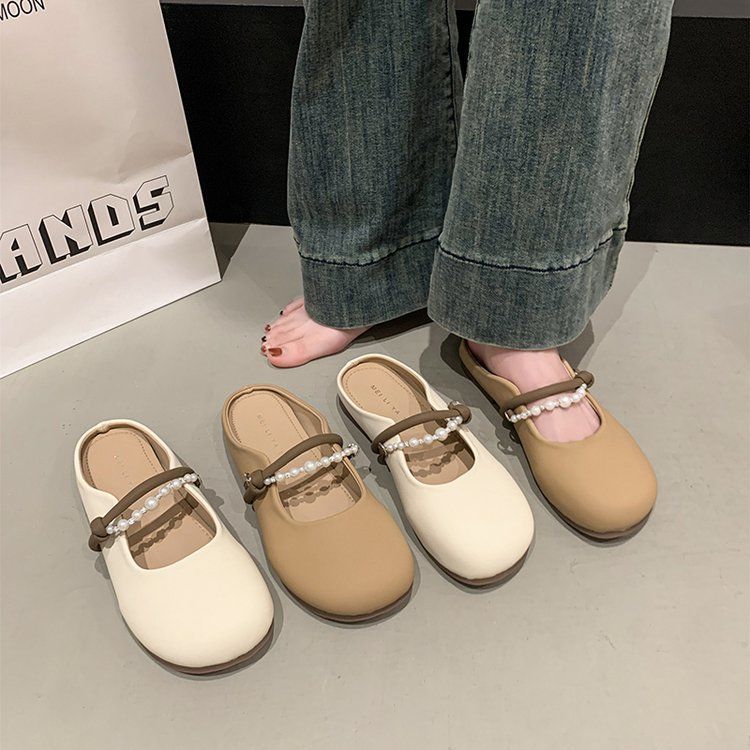 Pearl Bag Head Half Slippers Women's Summer Wear 2025 New Flat Bottom Half Tray Women's Shoes Soft Sole Out French Cool Slippers