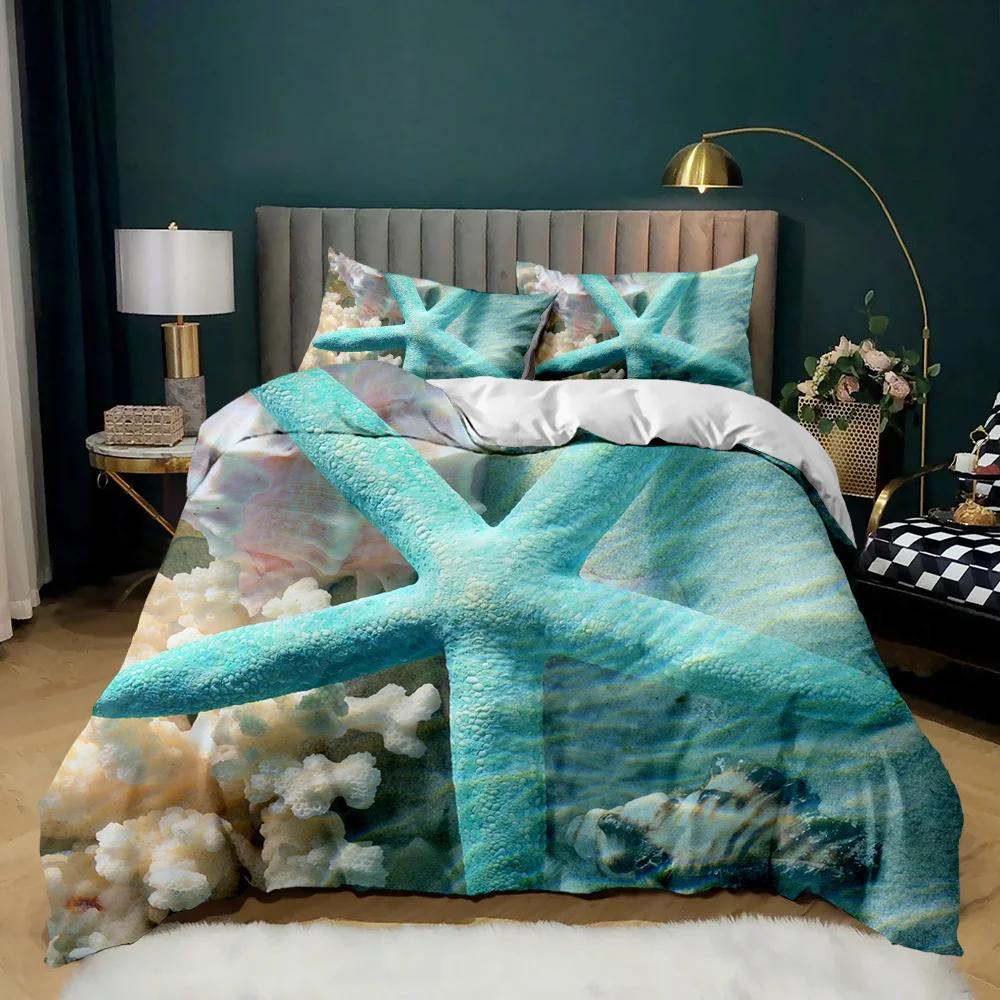 Starfish Duvet Cover Set Ocean Bedding Set Hawaiian Marine Sea Waves 3D Starfish Comforter Cover King Size Polyester Qulit Cover