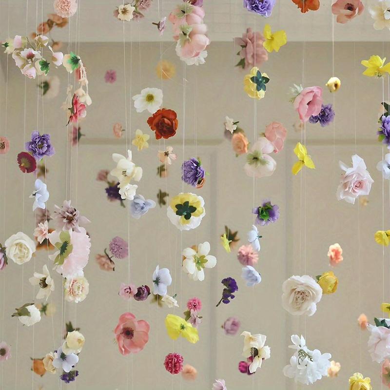 100pcs Boho Fabric Artificial Flowers with 50m Fishing Line Set Hanging Ornaments Featherless Floating Petals Wedding Home Decor