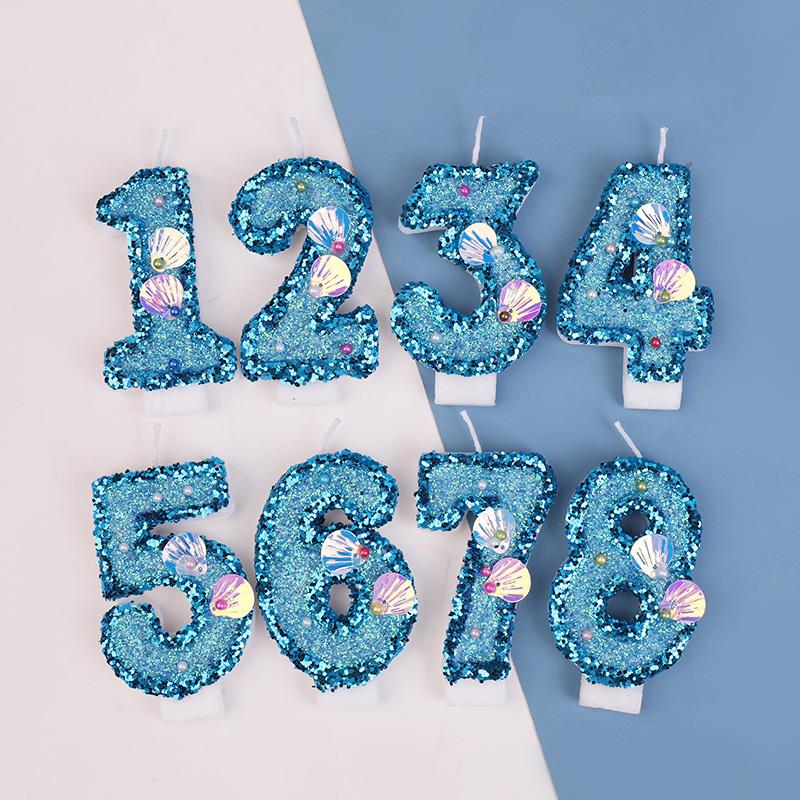 Glitter Blue Number Cake Candles Kids Boy Girl Birthday Party Cake Topper Decoration Mermaid Party Supplies Under The Sea Decor